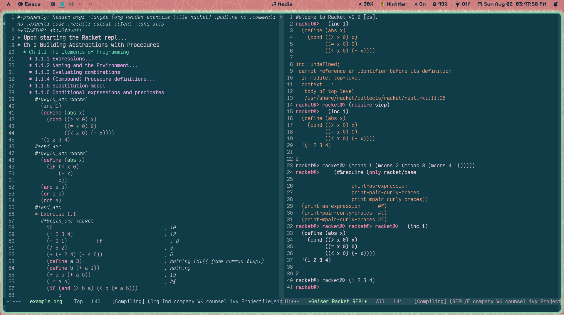 pic of my emacs frame showing correct list printing in the Geiser REPL