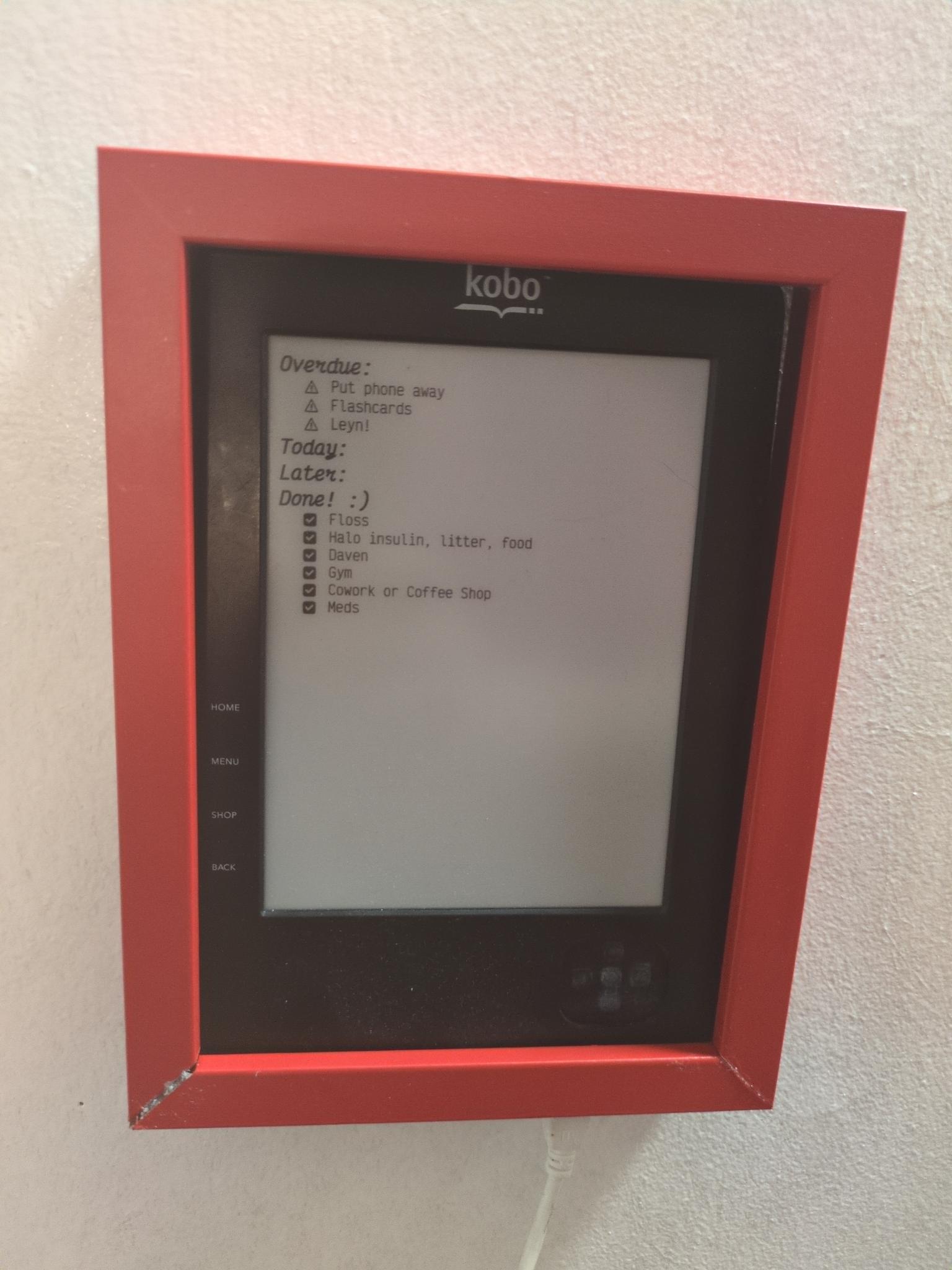 picture of a souped up 2011 kobo ereader displaying a basic todo application